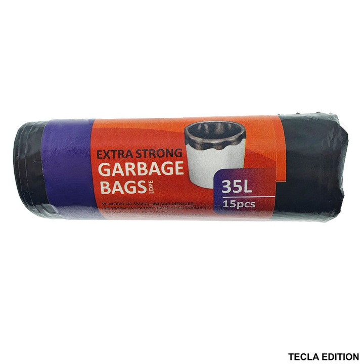 Set 15 Saci Menajeri 35L Super Rezistenti LDPE pentru deseuri menajere uzuale, curatenie in casa si birou, 49 x 58 cm, negri, ambalati in rola compacta