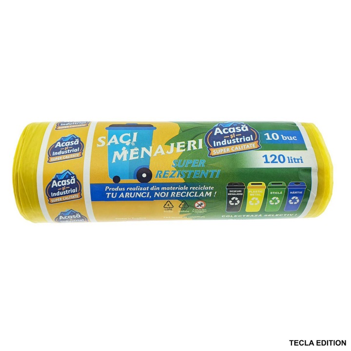 Set 10 saci menajeri 120L pentru colectare selectiva din materiale reciclate, dimensiuni 68 x 114 cm, galbeni