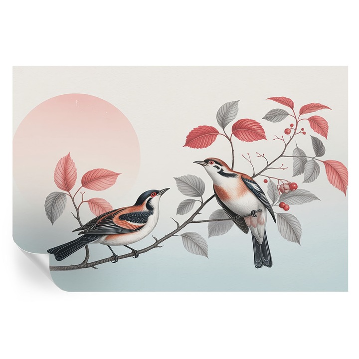 Tapet Autocolant De Perete, Tulup, Pasari sezand, Roz, 104 x 70 cm, Decorativ, Pentru Living, Hol, 010170060170000284724