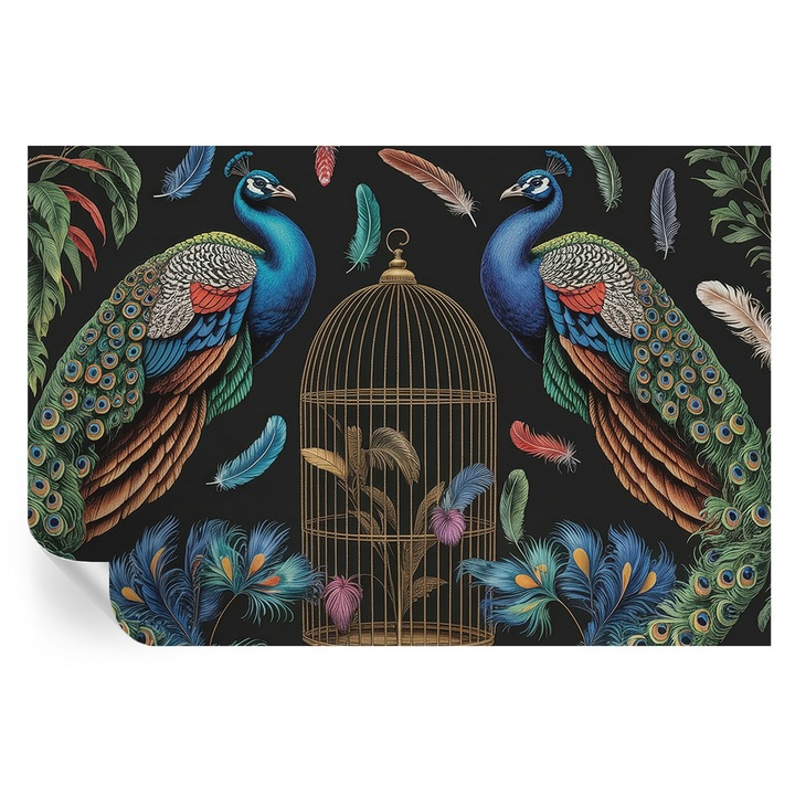 Tapet autocolant tulup, pauni exotici, alb, 104x70cm, adeziv puternic, rezistent la murdarie