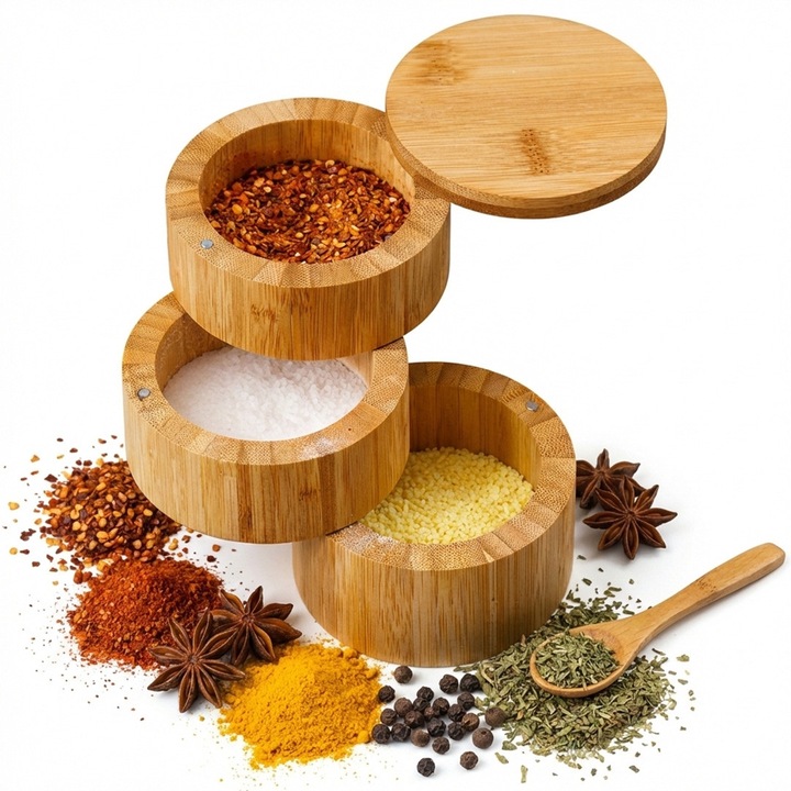 Recipient Organizator Condimente Bambus 3 Etaje, FAVEEZA®, Premium, Inchidere Magnetica si Capac Rotativ, Set Recipiente Sare, Piper, Mirodenii, Pastreaza Prospetimea, Design Elegant si Practic pentru Bucatarie, Lemn Ecologic Natur, Universal