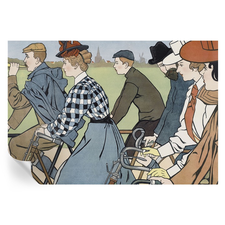 Fototapet autocolant, tulup, ciclisti de epoca, alb, 152x104cm