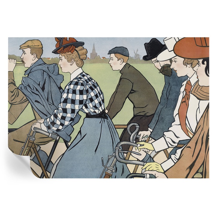 Fototapet autocolant tulup, ciclisti de epoca, alb, 208x146cm