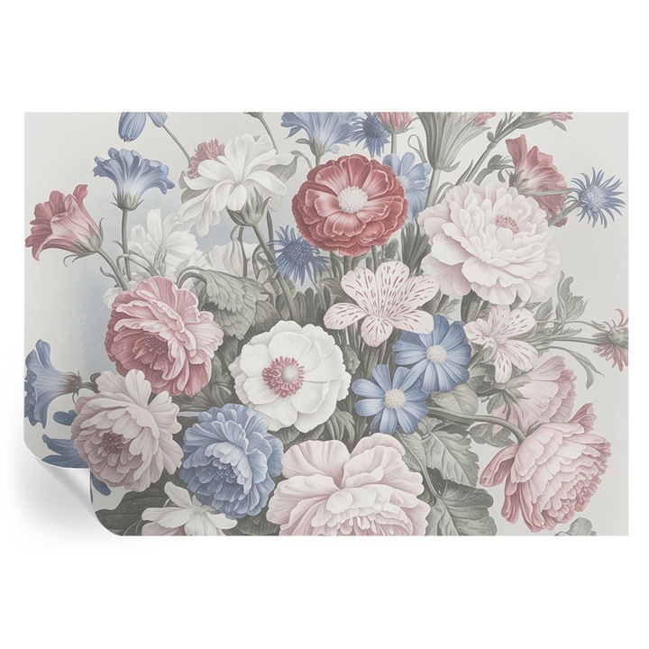 Tapet autocolant, tulup, buchet colorat, alb, 208x146cm, lavabil, rezistent la murdarie