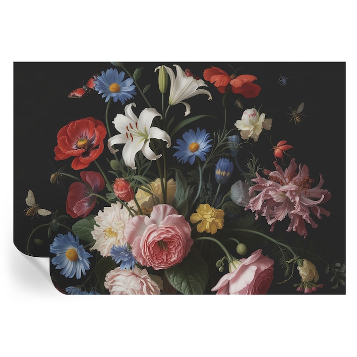 Fali Fotótapéta Autocolant, Tulup, Flori cu insecte, Negru, 208 x 146 cm, Decorativ, Lavabil, 010170060950000285179