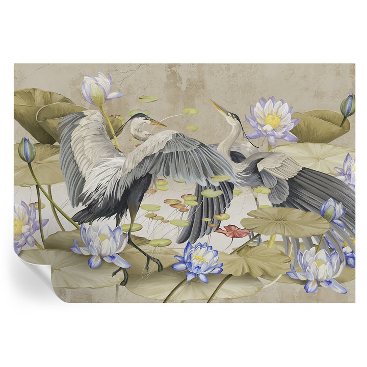 Fototapet autocolant Tulup, Pasari si crini, Bej, 208x146cm