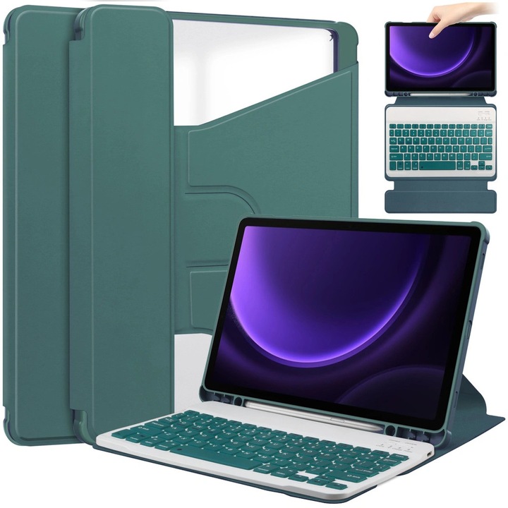 Husa 360° cu tastatura Bluetooth pentru Samsung Galaxy Tab S9/S10 FE 10.9, verde, set complet