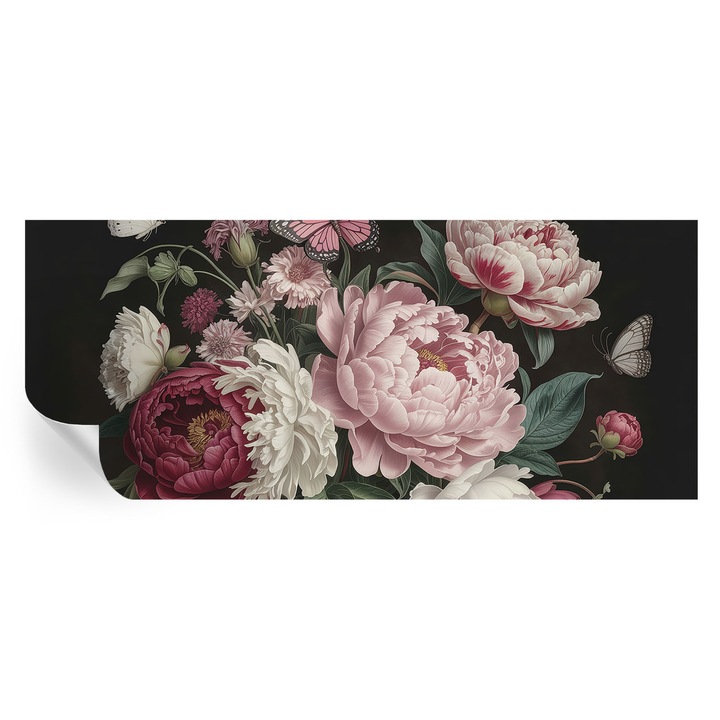 Tapet Autodeziv De Perete, Tulup, Bujori si fluturi, Negru, 250 x 104 cm, Decorativ, Detasabil, 010170060020000285098