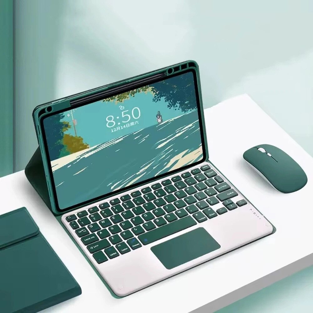 Etui cu tastatura Bluetooth pentru tableta, 11.2", ecologic, verde, set complet