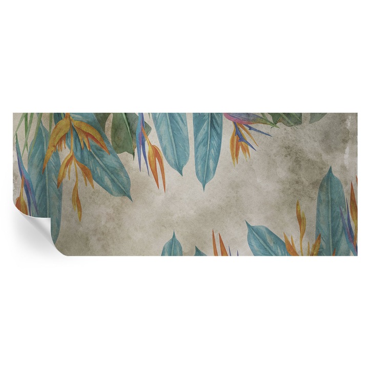 Fototapet autocolant, tulup, flori tropicale, albastru, 250x104cm, lavabil