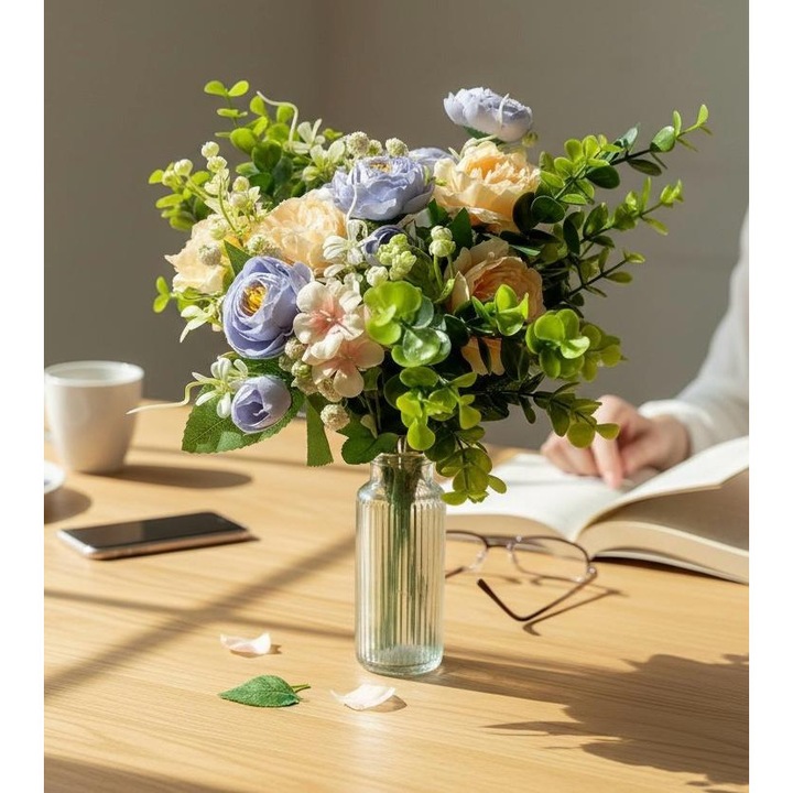 Buchet flori artificiale, Dady, cu ranunculus lila si bujori somon, inaltime 30 cm