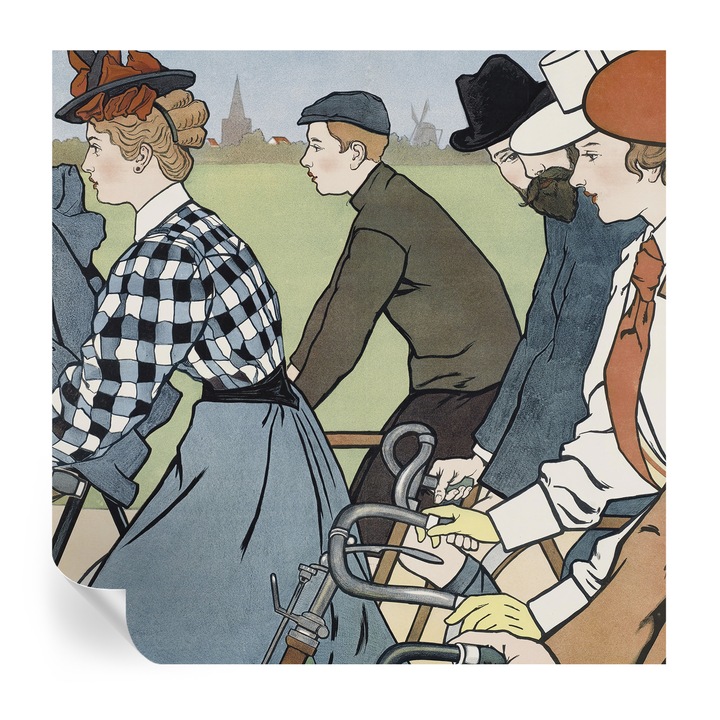 Fototapet autocolant, tulup, ciclisti de epoca, alb, 250x250cm