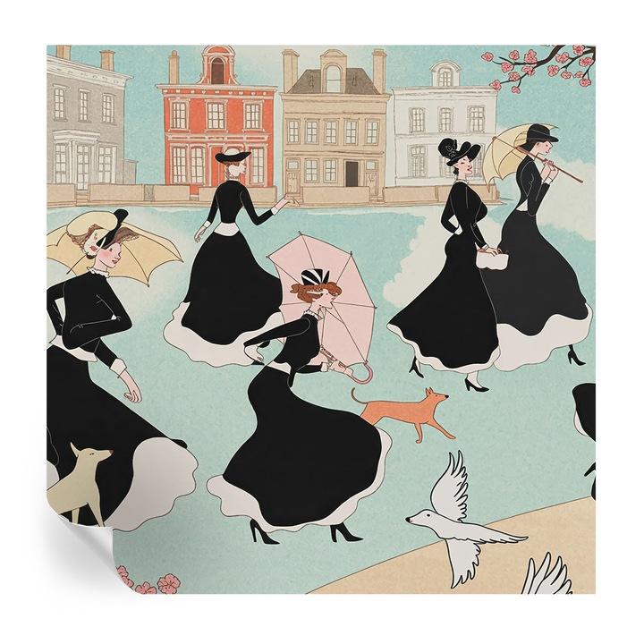 Tapet Autodeziv De Perete, Tulup, Femei care merg pe jos, Negru, 250 x 250 cm, Decorativ, Pentru Living, Hol, 010170060030000284737