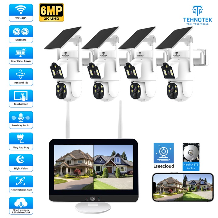 Kit complet cu 4 camere de supraveghere TehnoTek, Acumulator 7800mAh, NVR cu display 12 inch, Lentila dubla, alimentare panou solar, Wifi, 6 Mpxl, vedere dubla, Control din aplicatie, 2 senzori miscare inteligenti, Hardisk 1TB inclus