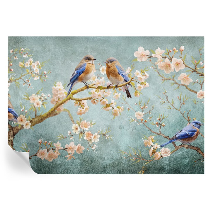 Fototapet Tulup, Pasari de primavara, Albastru, 208x146cm, Autocolant