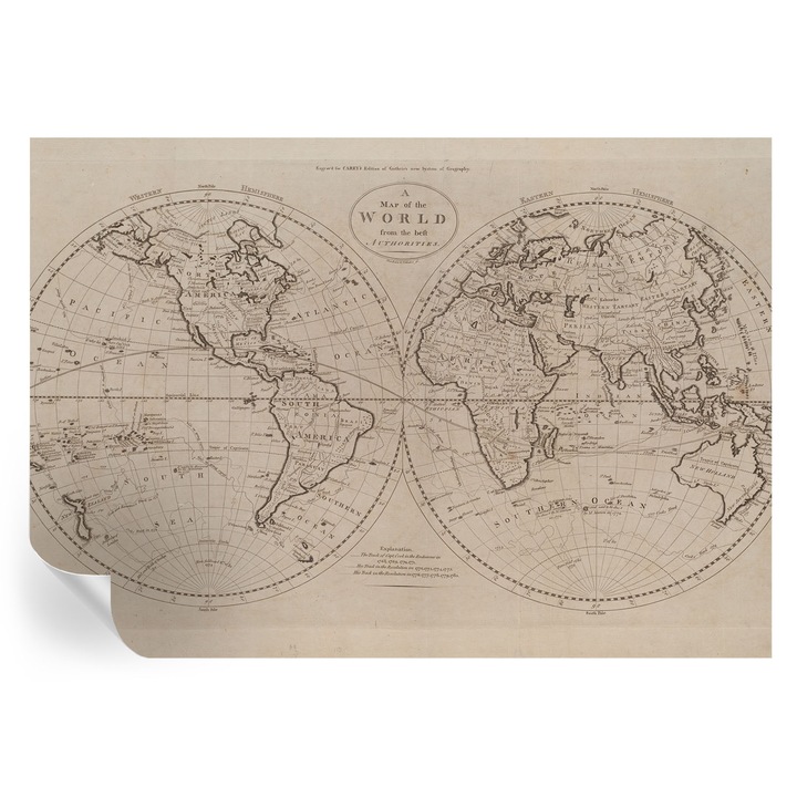 Öntapadós Fotótapéta Falra, Tulup, Régi térkép, Fekete, 208 x 146 cm, Dekoráció, Előszobába, Konyhába, 010170060950000285367