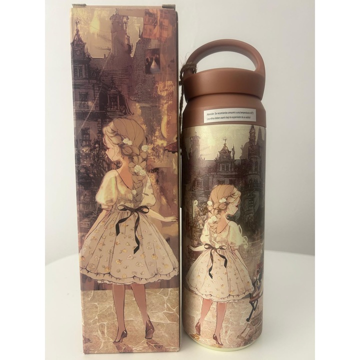Termos pentru femei cu design de papusa si baza antiderapanta - Maro