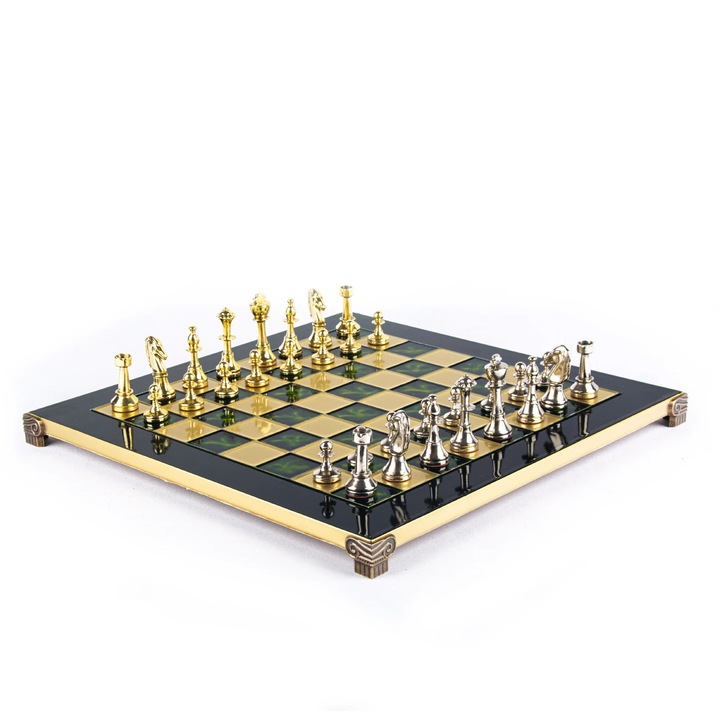 Класически метален комплект за шах Manopoulos, медна дъска, златни и сребърни фигури от цинкова сплав, 36x36 см