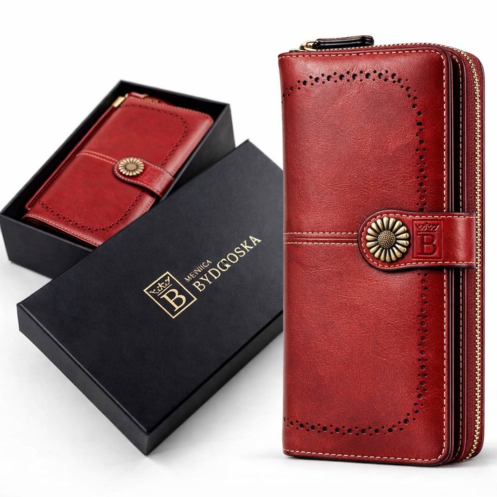 Portofel dama, rosu, elegant, portmoneu, incapator pentru carduri si numerar, cu inchidere, stil vintage, design clasic, ideal pentru femeie si fata, modern si functional