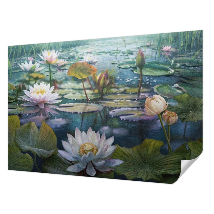 Öntapadós Dekor Tapéta, Wallfluent, Tóvirágok, Zöld, 152 x 104 cm, Klasszikus, Könnyen Felszerelhető, 010170060180000285669