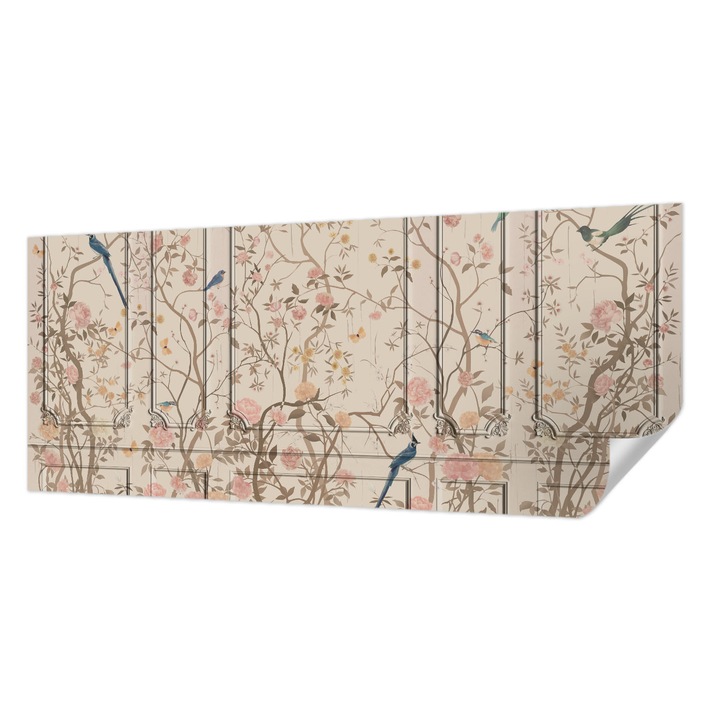 Tapet Textil Autocolant, Wallfluent, Pasari si flori, Alb, 250 x 104 cm, Pentru Perete, Rezistente La Apa, Umiditate Si Pete, 010170060020000285254