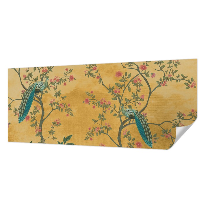 Tapet Textil Autocolant, Wallfluent, Pauni, Galben, 250 x 104 cm, Pentru Living, Birou, Hol, 010170060020000285259