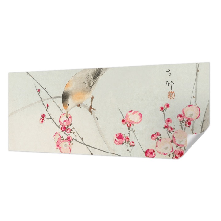 Tapet Autodeziv De Perete, Wallfluent, Pasare cu flori, Negru, 250 x 104 cm, Adeziv Puternic, Usor De Montat Si Rezistent, 010170060020000285555