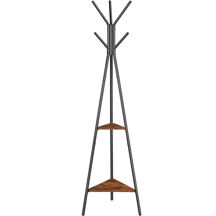 Cuier metalic, cu a€‹a€‹2 rafturi MDF, inaltime 179cm, stil industrial, maro rustic si negru