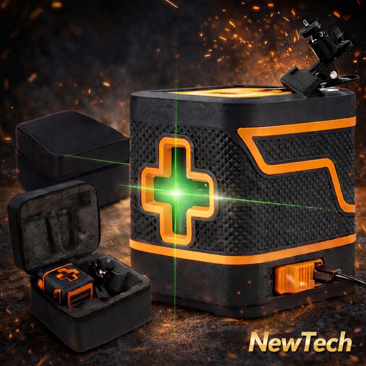 Nivela laser, NewTech, 360° grade cu 2 linii in cruce, 25m, IP54, precizie ± 0.5 mm/m, ± 3° domeniu de autonivelare, lungime unda laser 510 – 530nm, 15x14x10 cm, Negru/Galben