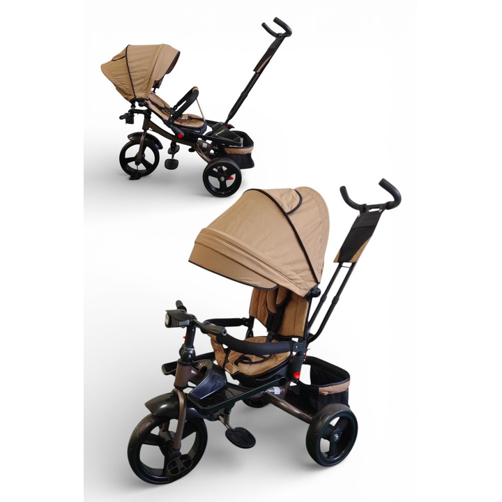 Tricicleta Multifunctionala Pentru Copii, Scaun Reversibil, Pozitie De Somn, Maner Parental Si Suport Pentru Picioare, Copertina Detasabila, Cos De Depozitare, Muzica Si Far Cu Lumini, Cadru Maro, Greutate Maxima Suportata 30 Kg, Culoare Maro