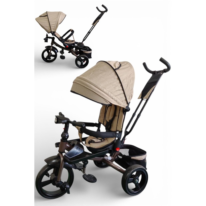 Tricicleta Multifunctionala Pentru Copii, Scaun Reversibil, Pozitie De Somn, Maner Parental Si Suport Pentru Picioare, Copertina Detasabila, Cos De Depozitare, Muzica Si Far Cu Lumini, Cadru Maro, Greutate Maxima Suportata 30 Kg, Culoare Bej
