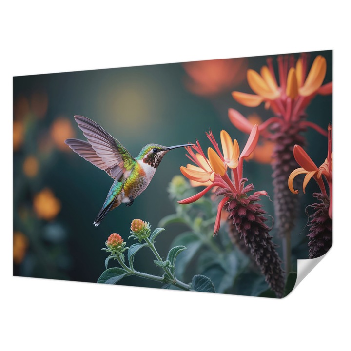 Tapet Autocolant De Perete, Wallfluent, Flori de colibri, Verde, 104 x 70 cm, Pentru Sufragerie, Dormitor, 010170060170000284817