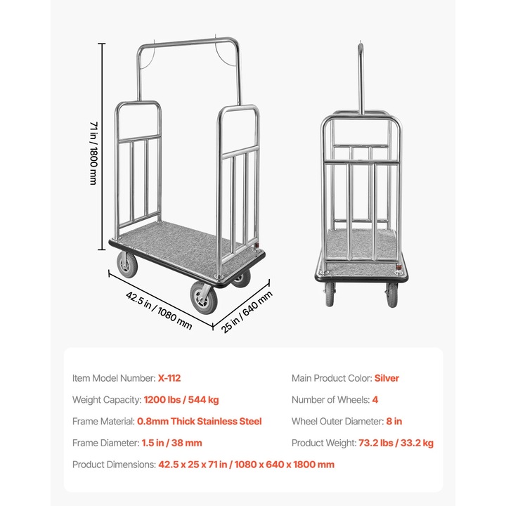 Carucior de bagaje, capacitate 1200 lbs, design din otel inoxidabil, 42.5x25x71 in, 4 roti