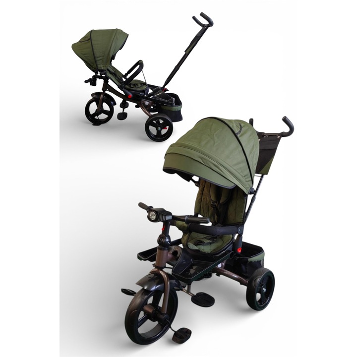 Tricicleta Multifunctionala Pentru Copii, Scaun Reversibil, Pozitie De Somn, Maner Parental Si Suport Pentru Picioare, Copertina Detasabila, Cos De Depozitare, Muzica Si Far Cu Lumini, Cadru Maro, Greutate Maxima Suportata 30 Kg, Culoare Kaki