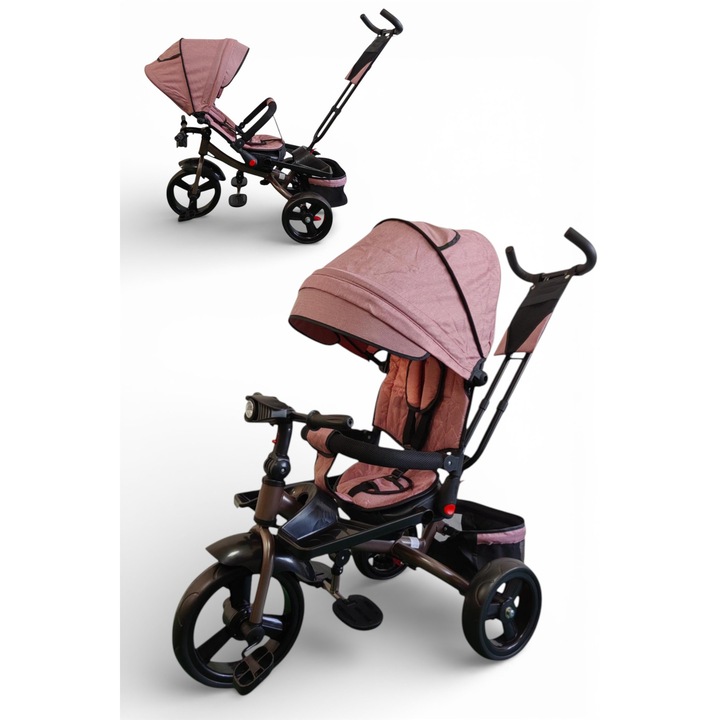 Tricicleta Multifunctionala Pentru Copii, Scaun Reversibil, Pozitie De Somn, Maner Parental Si Suport Pentru Picioare, Copertina Detasabila, Cos De Depozitare, Muzica Si Far Cu Lumini, Cadru Maro, Greutate Maxima Suportata 30 Kg, Culoare Roz