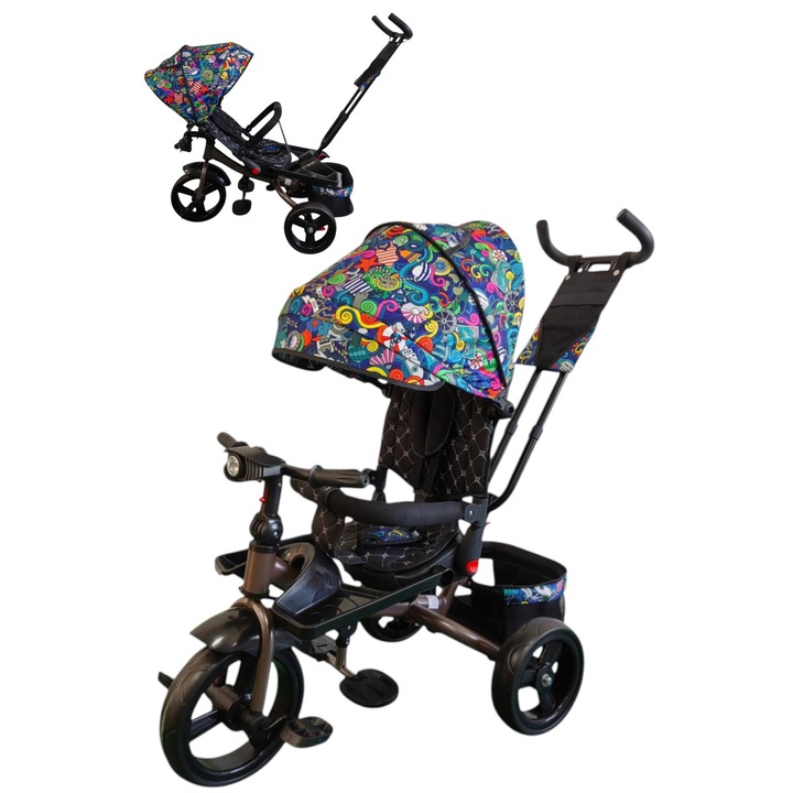 Tricicleta Multifunctionala Pentru Copii, Scaun Reversibil, Pozitie De Somn, Maner Parental Si Suport Pentru Picioare, Copertina Detasabila, Cos De Depozitare, Muzica Si Far Cu Lumini, Cadru Maro, Greutate Maxima Suportata 30 Kg, Culoare Multicolor