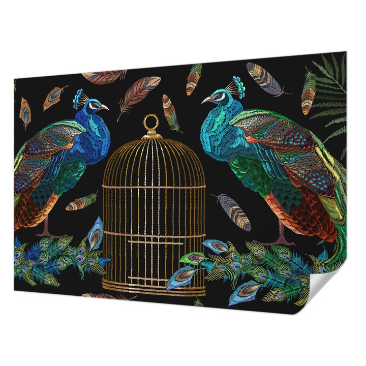 Tapet Autocolant De Perete, Wallfluent, Imagine cu paun, Negru, 152 x 104 cm, Pentru Living, Birou, Hol, 010170060180000285250