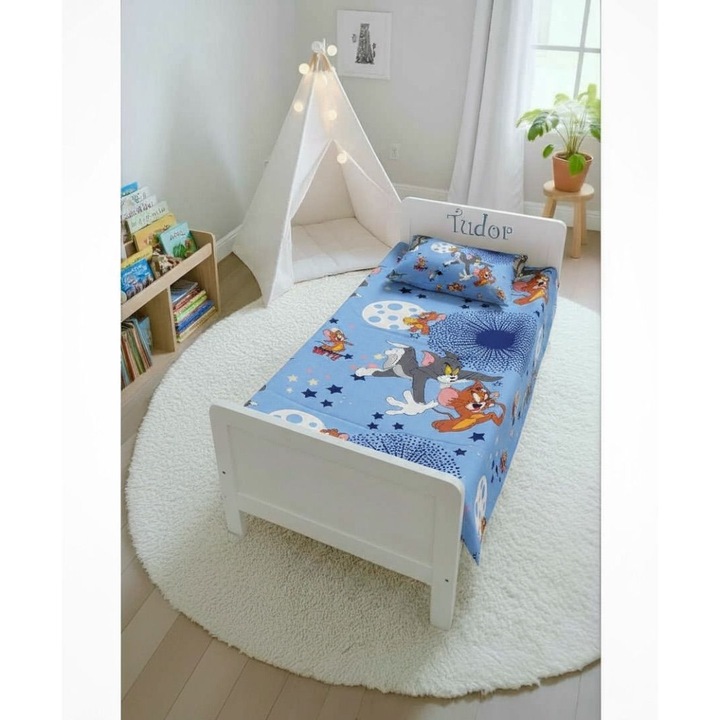 Lenjerie bumbac ranforce pat 3 piese copii 2-12 ani TomJerry Blue pentru saltele 160x80 cm ASC6427968007157