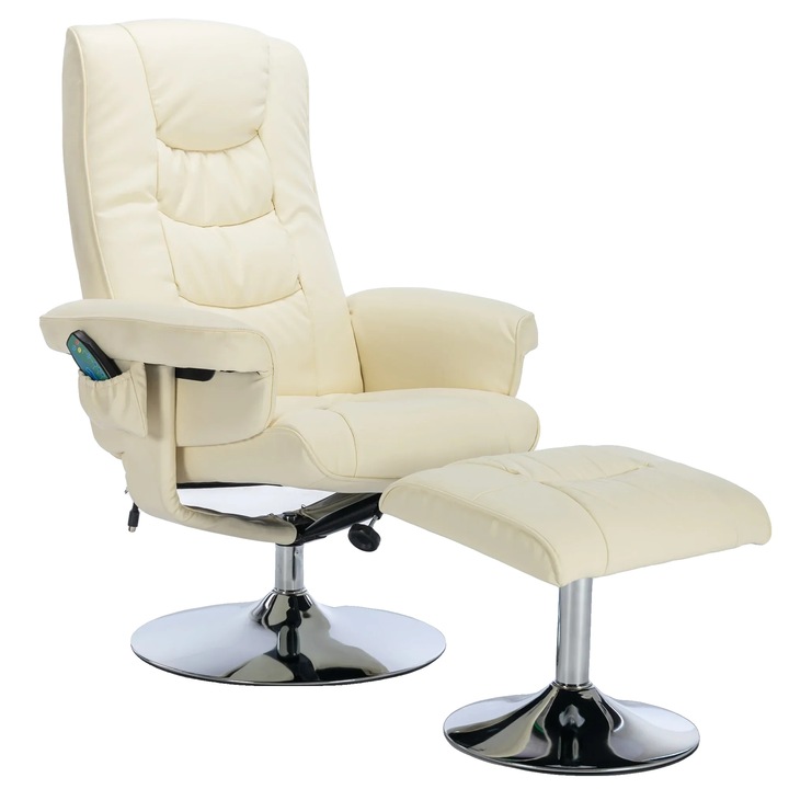 Масажен стол, 5-точкова масажна система, бежов, PU кожа, регулируема облегалка, компактни размери