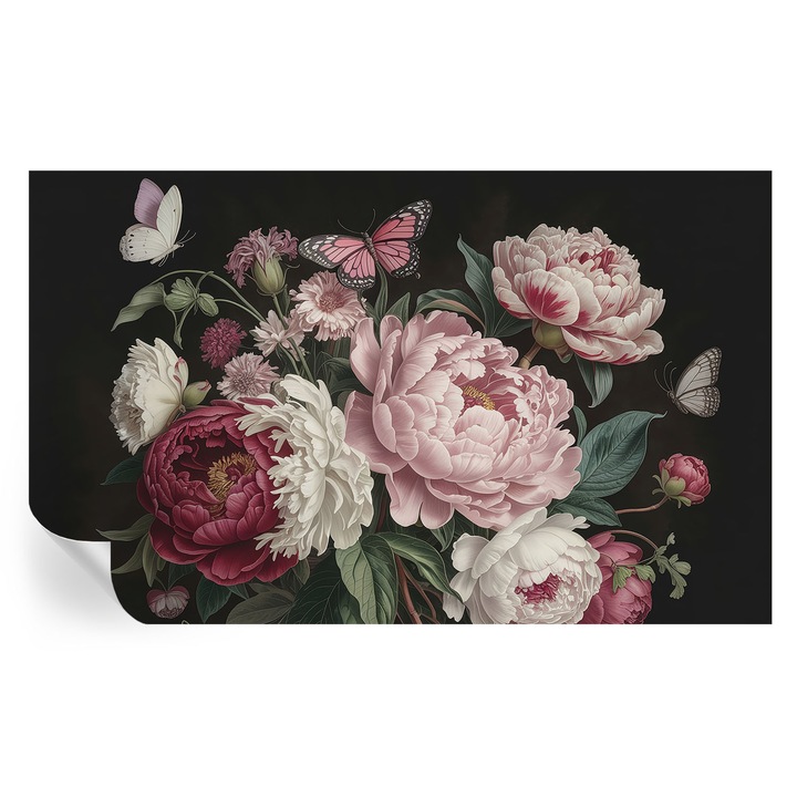 Öntapadós Dekor Tapéta, Tulup, Pünkösdi rózsák és pillangók, Fekete, 416 x 254 cm, Dekoráció, Könnyen Felszerelhető És Tisztítható, 010170060070000285098