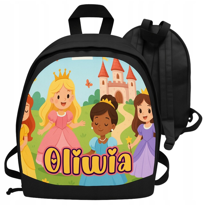 Ghiozdan personalizat pentru fetite, cu tema de printese, dimensiuni 29x37x10cm, multicolor