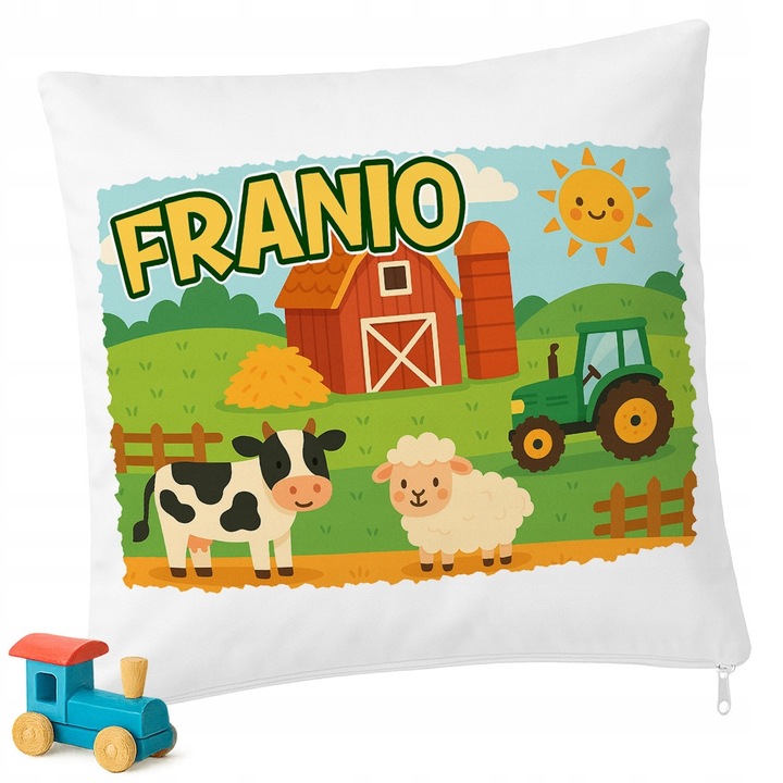 Perna personalizata cu ferma si tractor, 40x40cm, multicolor, set cu umplutura