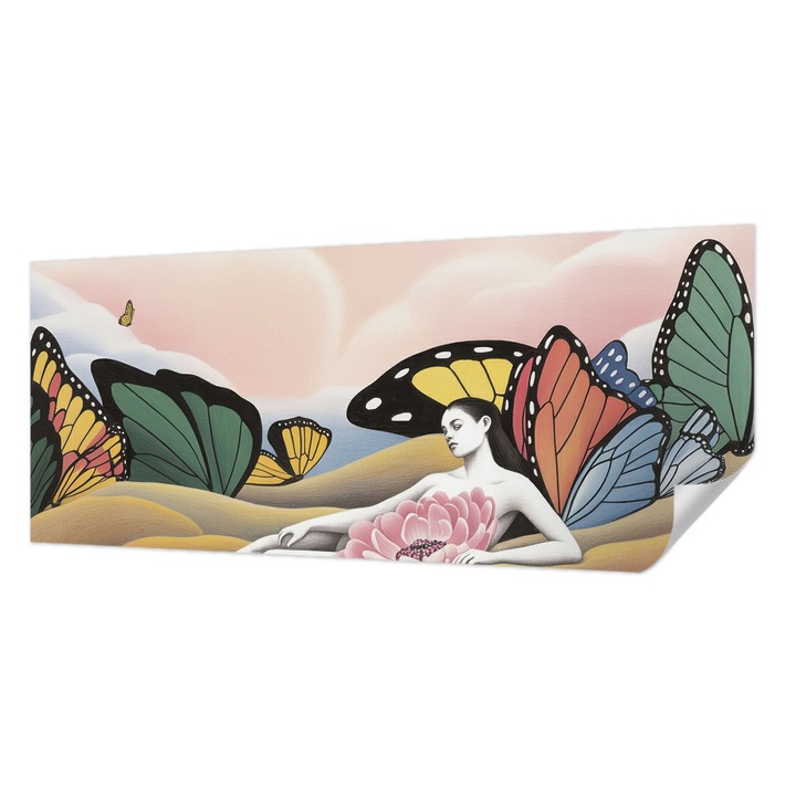 Tapet Textil Autocolant, Wallfluent, Pajiste cu fluturi, Alb, 250 x 104 cm, Adeziv Puternic, Usor De Montat Si Rezistent, 010170060020000284742