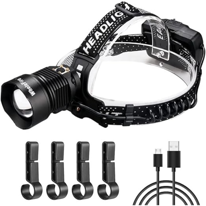 Челен фенер WholeFire XHP90, 15000 лумена, USB презареждаем, регулируем зуум и наклон 90°, 3 режима на осветление, IP65, Алуминий, цвят Черен