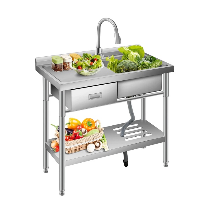 Chiuveta utilitara din otel inoxidabil, cu robinet rotativ 360°, sertar pe stanga, inaltime ajustabila