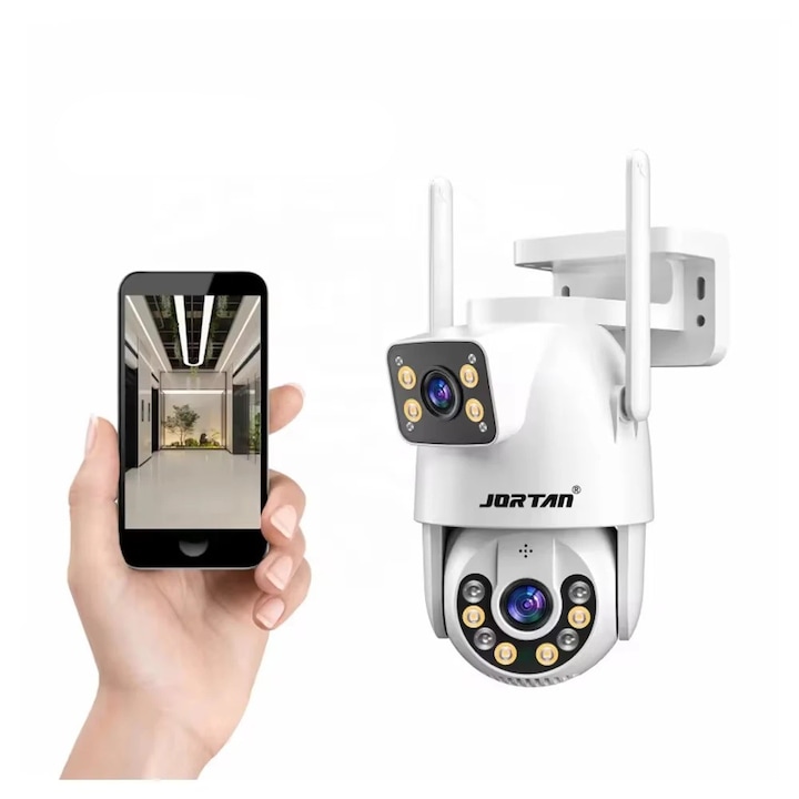 Camera de supraveghere WiFi Jortan 8697QJ - 6MP, 1080p FullHD, IP66, Senzor de Miscare, Color Night Vision, Microfon, Difuzor, Alarma, Aplicatie YooSee