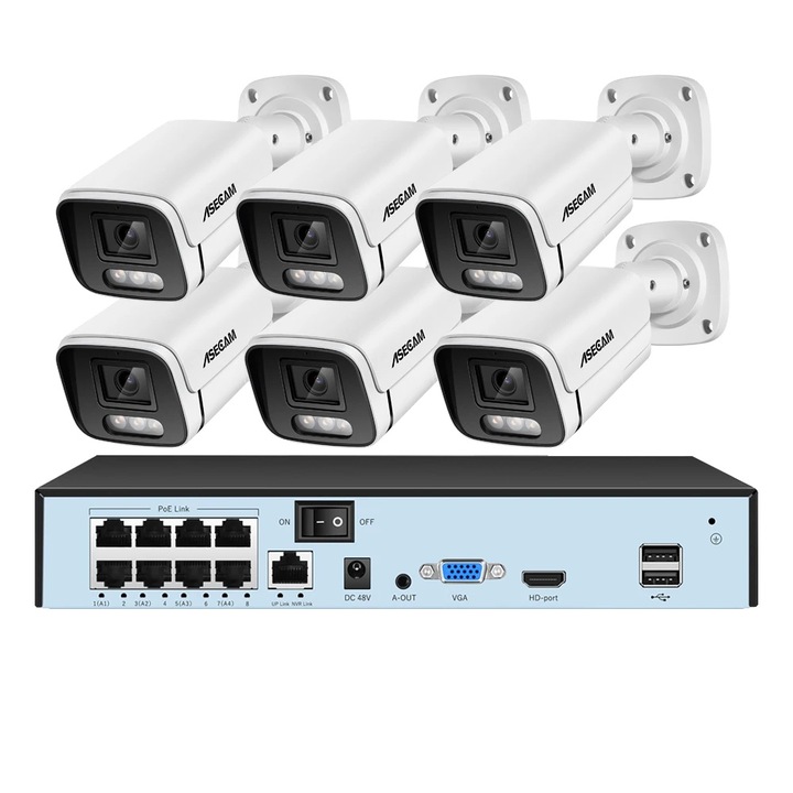 Kit Supraveghere, 8MP, 8CH NVR si 6 Camere, Nocturna Color, 2T