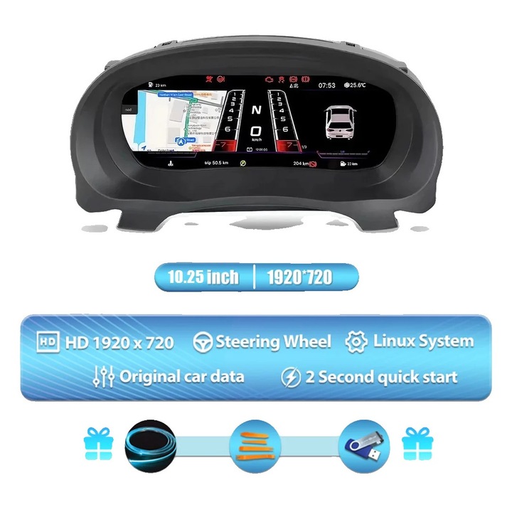 Cluster digital pentru Golf 6, 10.25 inch, 1920 x 720, moduri de afisare personalizabile, montare usoara, dimensiuni 40x30x20cm