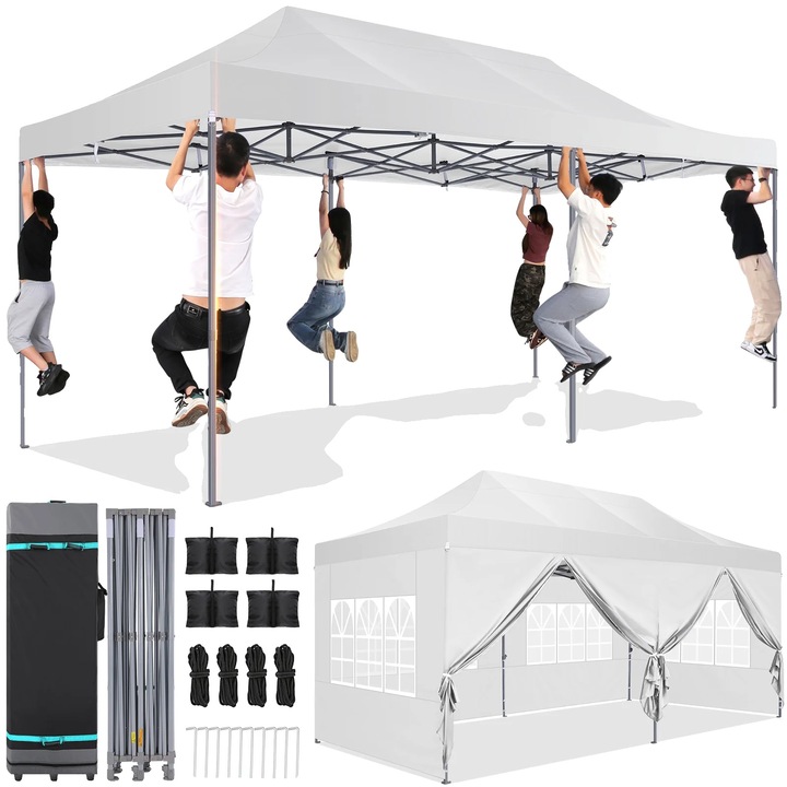 Pavilion gradina, inaltime ajustabila, cadru durabil, alb, 3x6m