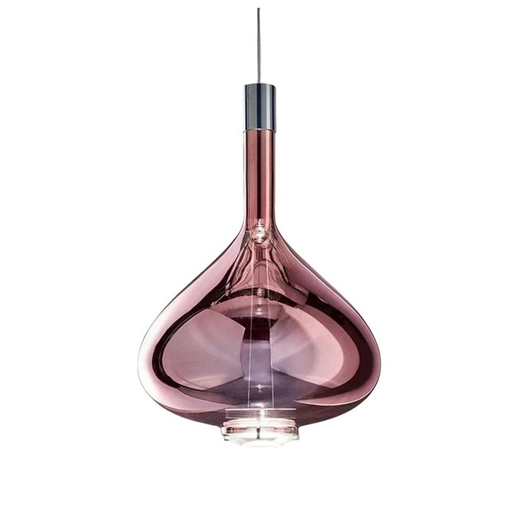 Pendul modern, sticla si fier, alb rece, auriu roz, 30cm